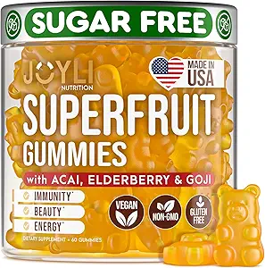 Joyli Superfruit Gummies - Φρούτα χωρίς ζάχαρη Multivitamin Gummies for Adults - Φυσικές Gummy Βιταμίνες για γυναίκες & άνδρες με Goji, Elderberry, Βιταμίνες A, C, D & E - Υποστηρίζει Ανοσία, Θήκη & Ενέργεια