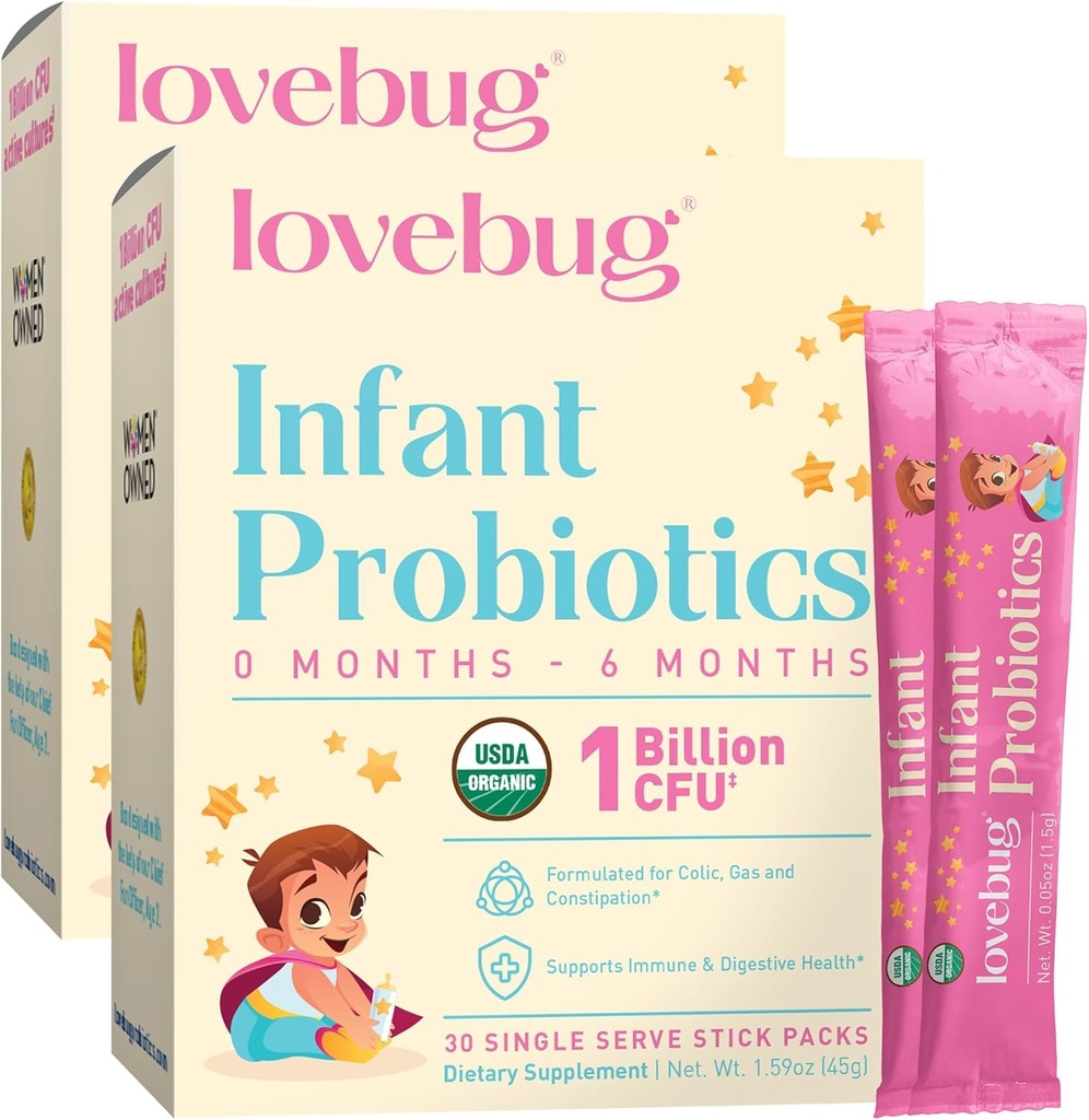 LOVEBUG Προβιοτικά Βρέφους 0-6 Μήνες - USDA Βιολογικά Προβιοτικά για Μωρά, Υποστηρίζει Αέριο Μωρού, Κολικό, Διάρροια και Νεογέννητη Δυσκοιλιότητα Ανακούφιση, Αλλεργία & Ζάχαρη Χωρίς, Γεύση σε σκόνη, 60 Pack