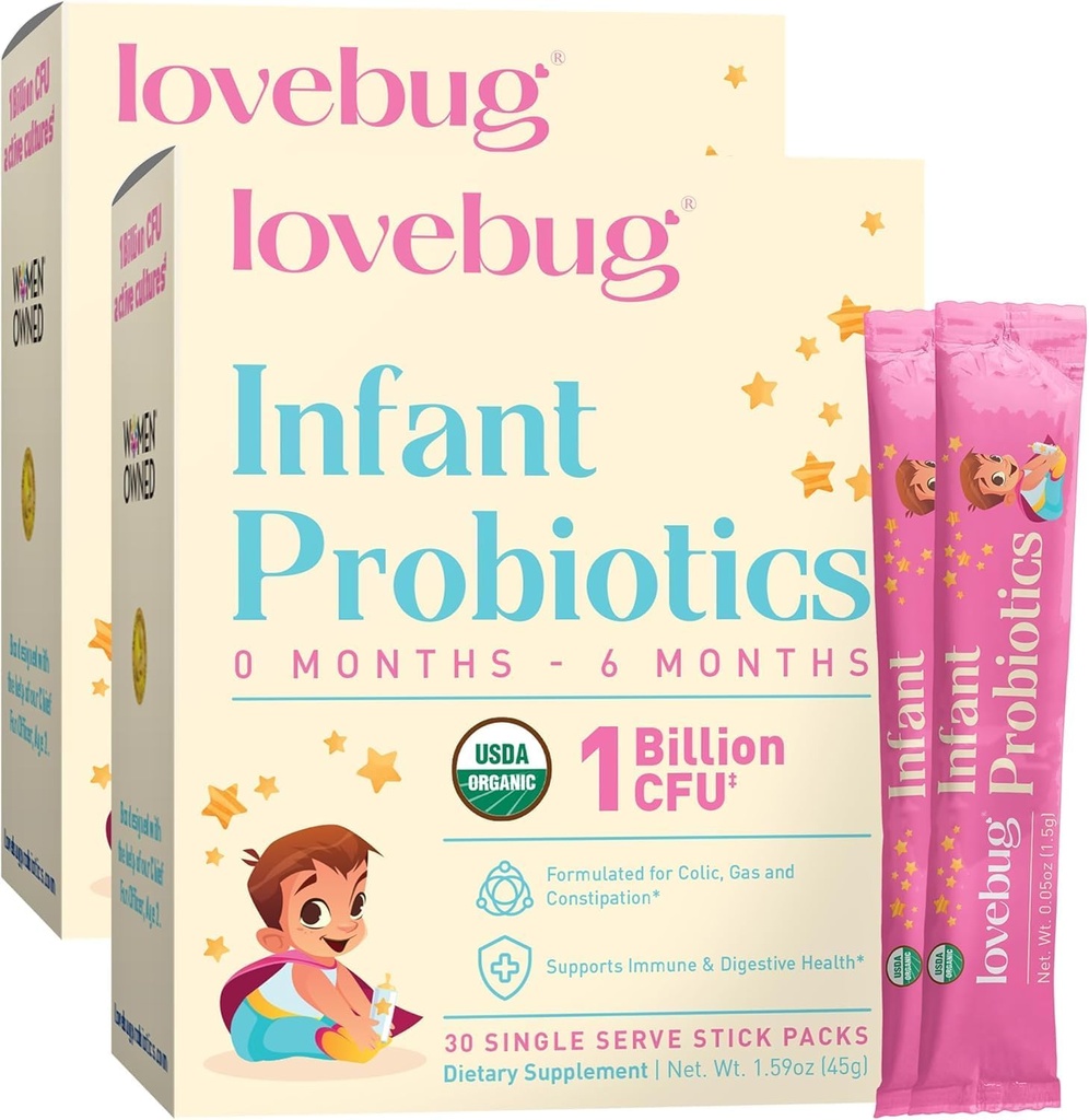 LOVEBUG Προβιοτικά Βρέφους 0-6 Μήνες - USDA Βιολογικά Προβιοτικά για Μωρά, Υποστηρίζει Αέριο Μωρού, Κολικό, Διάρροια και Νεογέννητη Δυσκοιλιότητα Ανακούφιση, Αλλεργία & Ζάχαρη Χωρίς, Γεύση σε σκόνη, 60 Pack