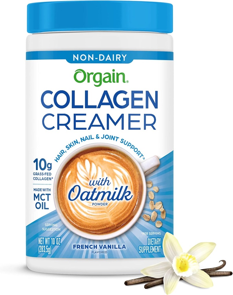 Orgain Collagen Coffee Creamer, 10g Grass Fed Hydrolyzed Collagen Peptides, Γαλλική βανίλια - Με οργανική σκόνη γάλακτος βρώμης, λάδι καρύδας, λάδι MCT, λάδι αβοκάντο, μαλλιά, δέρμα, νύχια, & κοινή υποστήριξη - 10oz