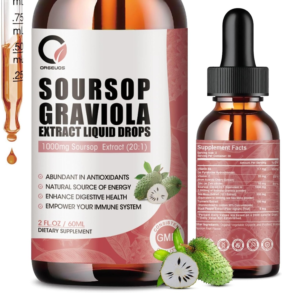 Soursop Graviola Liquid Drops - Soursop Extract Plus Sea Moss, Soursop Bitters Liquid for Cell Regeneration, Immune Boost, Relax, Antioxidant, Energy - 2 Fl Oz