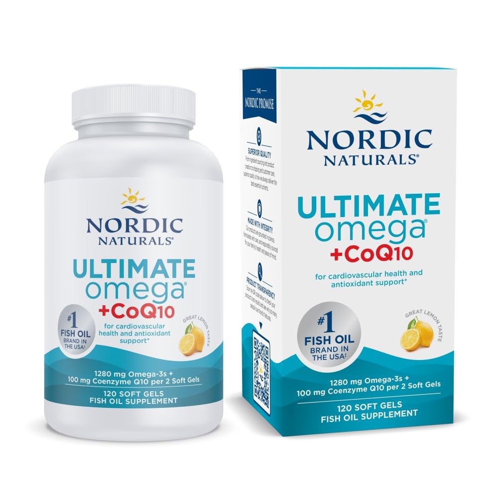 Nordic Naturals Ultimate Omega + CoQ10, Lemon - 120 Soft Gels - 1280 mg Omega-3 + 100 mg CoQ10 - Καρδιακή Υγεία, Κυτταρική Ενέργεια, Αντιοξειδωτική Υποστήριξη - Μη ΓΤΟ - 60 Υπηρεσίες
