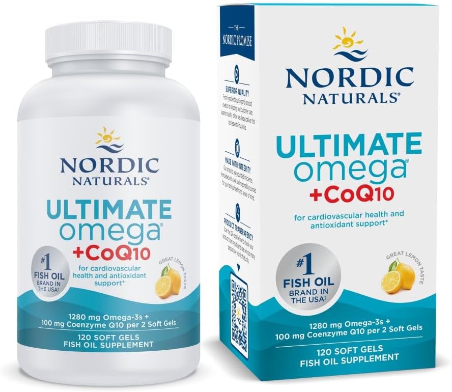 Nordic Naturals Ultimate Omega + CoQ10, Lemon - 120 Soft Gels - 1280 mg Omega-3 + 100 mg CoQ10 - Καρδιακή Υγεία, Κυτταρική Ενέργεια, Αντιοξειδωτική Υποστήριξη - Μη ΓΤΟ - 60 Υπηρεσίες