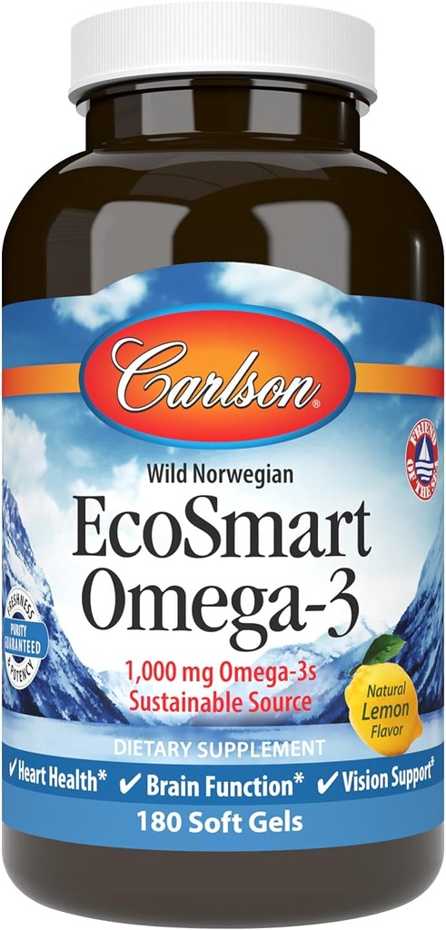 Carlson - EcoSmart Omega-3, 1000 mg Omega-3s, Βιώσιμη Πηγή, Υγεία Καρδιάς, Λειτουργία Εγκεφάλου & Υποστήριξη Οράματος, Λεμόνι, 180 Softgels