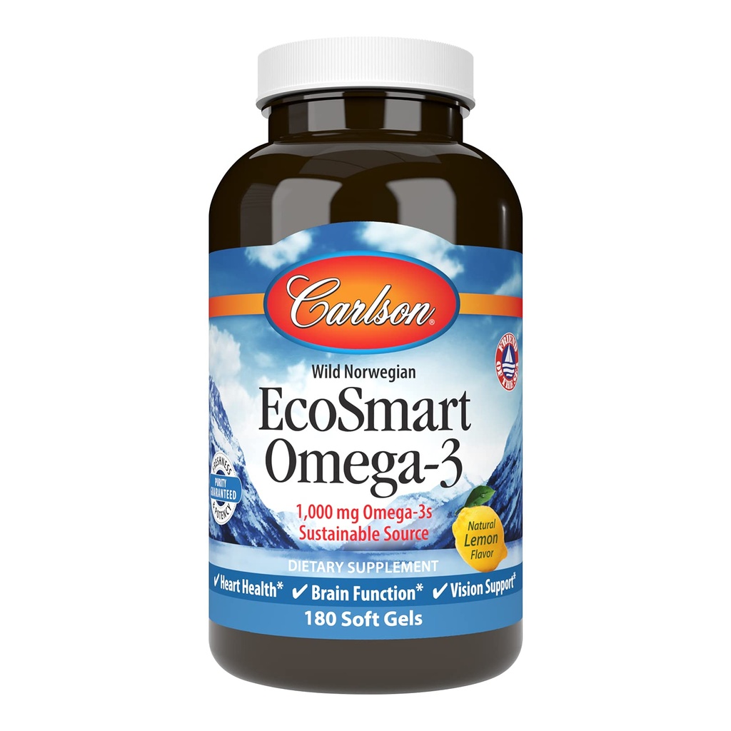 Carlson - EcoSmart Omega-3, 1000 mg Omega-3s, Sustainable Source, Heart Health, Brain Function & Vision Support, Lemon, 180 Softgels