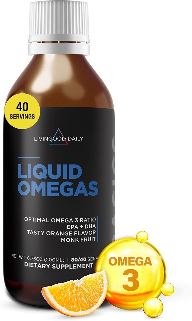 Livingood Καθημερινά Υγρό Ωμέγα 3 Fish Oil, EPA & DHA συμπλήρωμα με Φρούτα Μοναχών & Πορτοκαλί Γεύση, υποστηρίζει την καρδιά, κοινή & εγκεφαλική υγεία, ιχθυέλαιο για άνδρες & γυναίκες, μη ΓΤΟ, χωρίς γλουτένη, 200 ML, 40 εξυπηρετούν