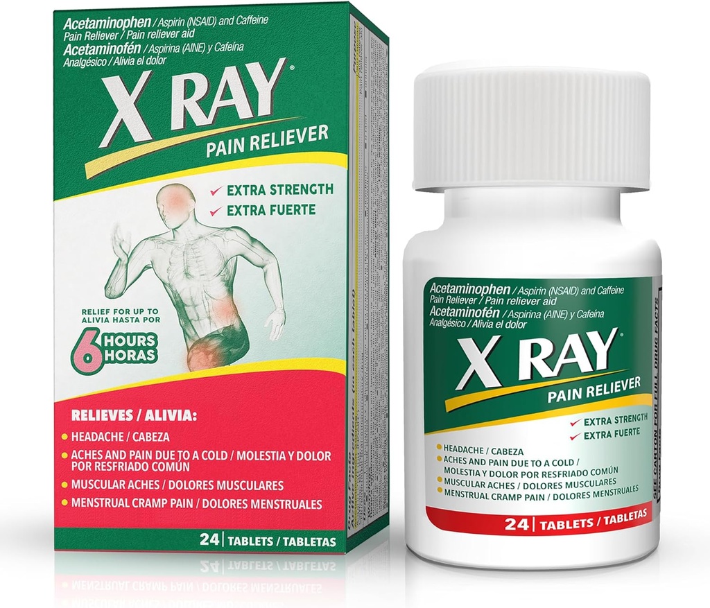 X RAY Extra Strength Pain Reliever: Acetaminophen 500 mg, Aspirin, Caffeine - 24 Tablets Κάθε, Ισχυρή Φόρμουλα για Ημικρανία, Πονοκέφαλο, και Ανακουφίζει τον Οσφυαλγία, Μειώνει τη Φλεγμονή