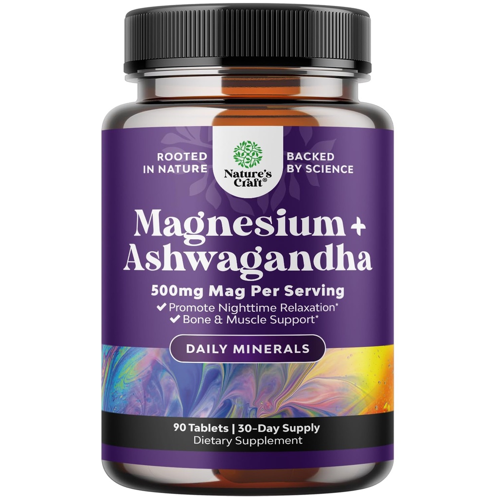 Pure Calm Relaxing Magnesium Glycinate Supplement with Ashwagandha - Μαγνήσιο για την υποστήριξη του στρες και την ανάπαυση για ενήλικες - Δισκία υψηλής απορρόφησης για την υποστήριξη των οστών και των μυών Cramps - 90 Count