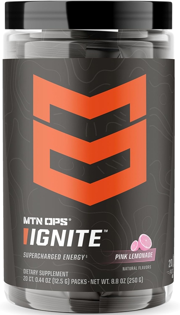 ΜΤΝ OPS Ignite Trail Packs Energy Drink Powder, Gluten Free Nootropic Supplement Drink Mix, L Arginine, L Citrulline, Caffeine & Nootropic Sugar Free Drink Mix, 20 Servings, Pink Λεμονάδα
