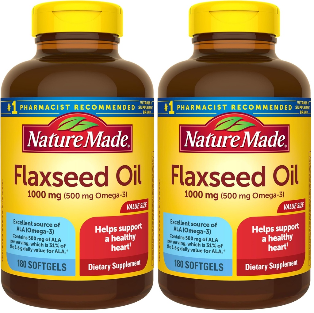 Nature Made Flaxseed Oil 1000 mg, Συμπλήρωμα διατροφής για την υποστήριξη της υγείας της καρδιάς, 180 Softgels (πακέτο των 2)
