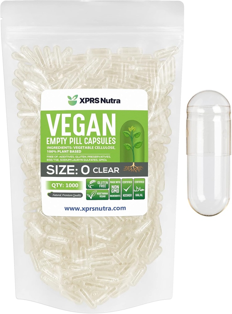 XPRS Nutra Μέγεθος 0 Κενές κάψουλες - 1000 Clear Count Empty Vegan Κάψουλες - Χορτοφαγικά Χάπια - DIY Καψάκιο Φυτικών Γέμισμα - Veggie Καπάκια Χάπια για Do-It-Yourself Συμπληρώματα