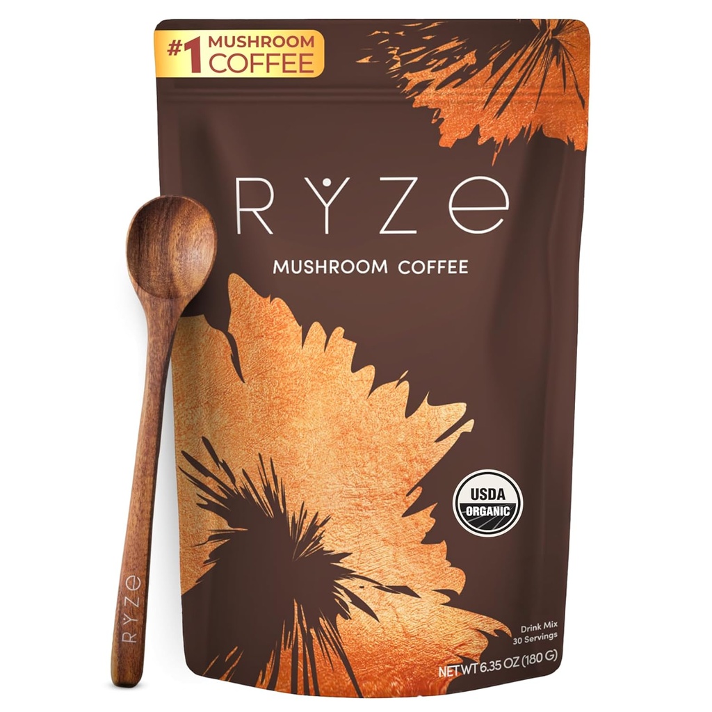 RYZE SUPERFOODS Mushroom Coffee USDA Organic με 6 Adaptogenic Μανιτάρια και MCT Oil, ΗΠΑ Καλλιεργημένος Άμεσος Καφές για Καλύτερη Ενέργεια, Εστίαση, Digetion, Ανοσία με Lions Mane & Turkey Tail, 30 μερίδες