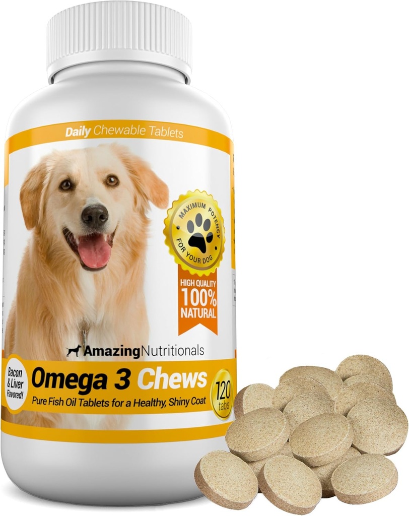 Amazing Omega 3 for Dogs - Ωμέγα 3 Fish Oil for Dogs Συμπλήρωμα για Ichy Skin Relief for Dry Skin and Hot Spots and Shedding Coat with EPA and DHA Faty Acids - 120 Bacon Flavor Chews