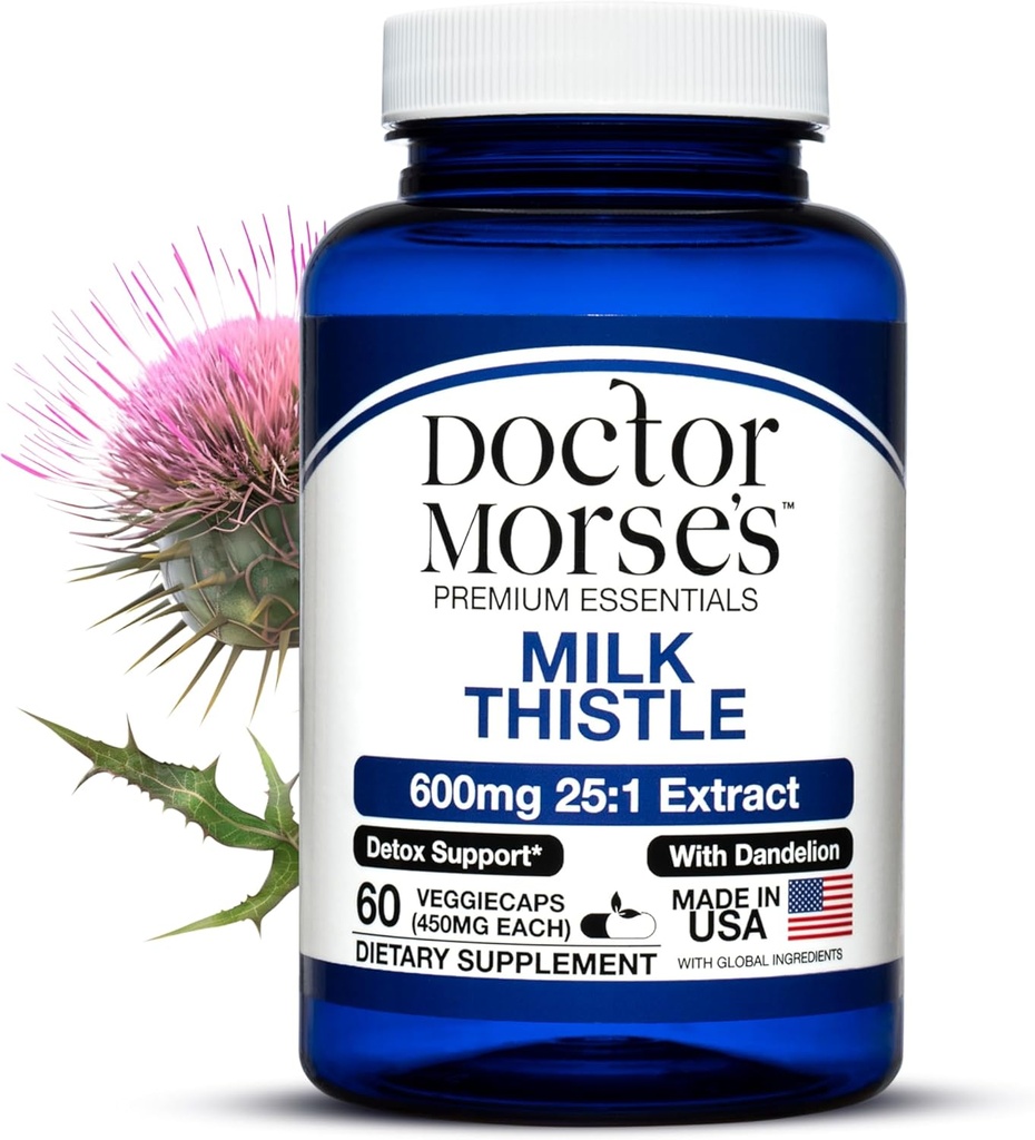 Doctor Morse Milk Thistle συμπλήρωμα 25:1 Extract 600mg Ισοδύναμο με 15000mg, Liver Detox Υποστήριξη 4:1 Extract 300mg Ισοδύναμο με 1200mg Dandelion Root - FDA Certified Ultra Poent Formula - 60 Caps