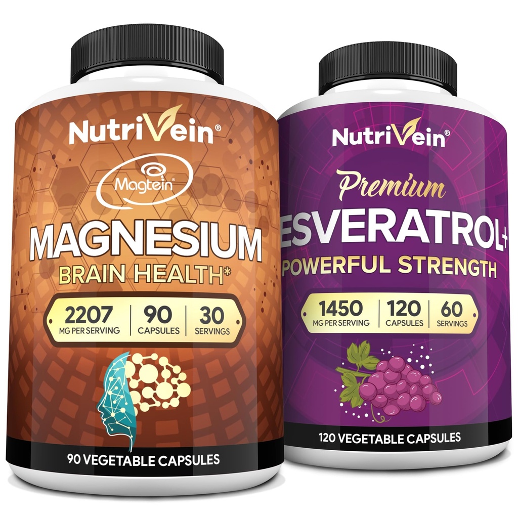 Nutrivein Premium Μαγνήσιο L-Θρεονικό & Resveratrol συμπλήρωμα Bundle: Υψηλής Απορρόφησης Θρεονικό μαγνήσιο και Resveratrol κάψουλες για την επισκευή, άμυνα, και ζωτικότητα
