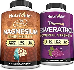 Nutrivein Premium Magnesium L-Threonate & Resveratrol Supplement Bundle: High-Absorption Magnesium Threonate and Resveratrol Capsules for Repair, Defenses, & Vitality