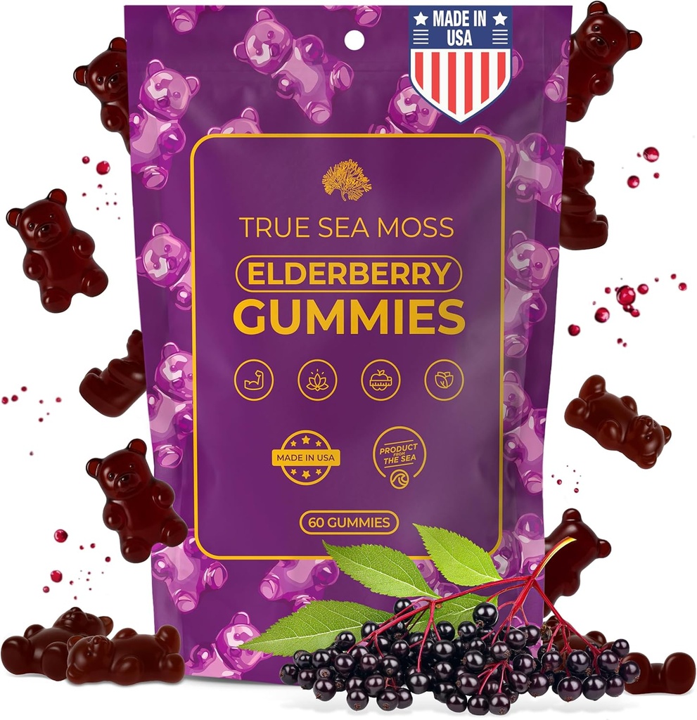 TrueSeaMoss Sea Moss Elderberry Gummies for Adults & Kids – με Burdock Root, Bladderwrack & Magnesium – Vegan, Μη ΓΤΟ Formula – Made in USA – 60 Gummies