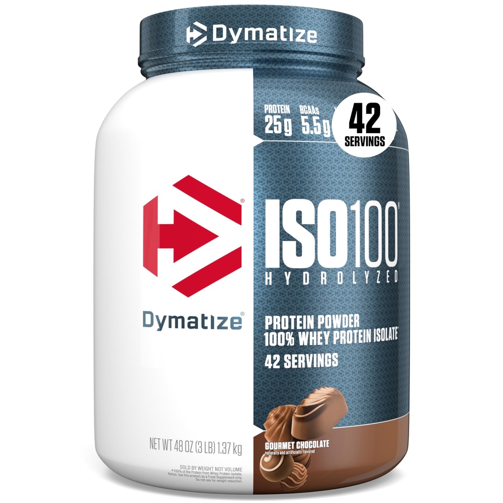 Dymatize ISO100 Hydrolyzed Protein Powder, 100% Whey Isolate Protein, 25g πρωτεΐνης, 5.5g BCAAs, Χωρίς γλουτένη, γρήγορη απορρόφηση, Easy Digesting, Gourmet σοκολάτα, 3 λίρα (42 εξυπηρετούν)
