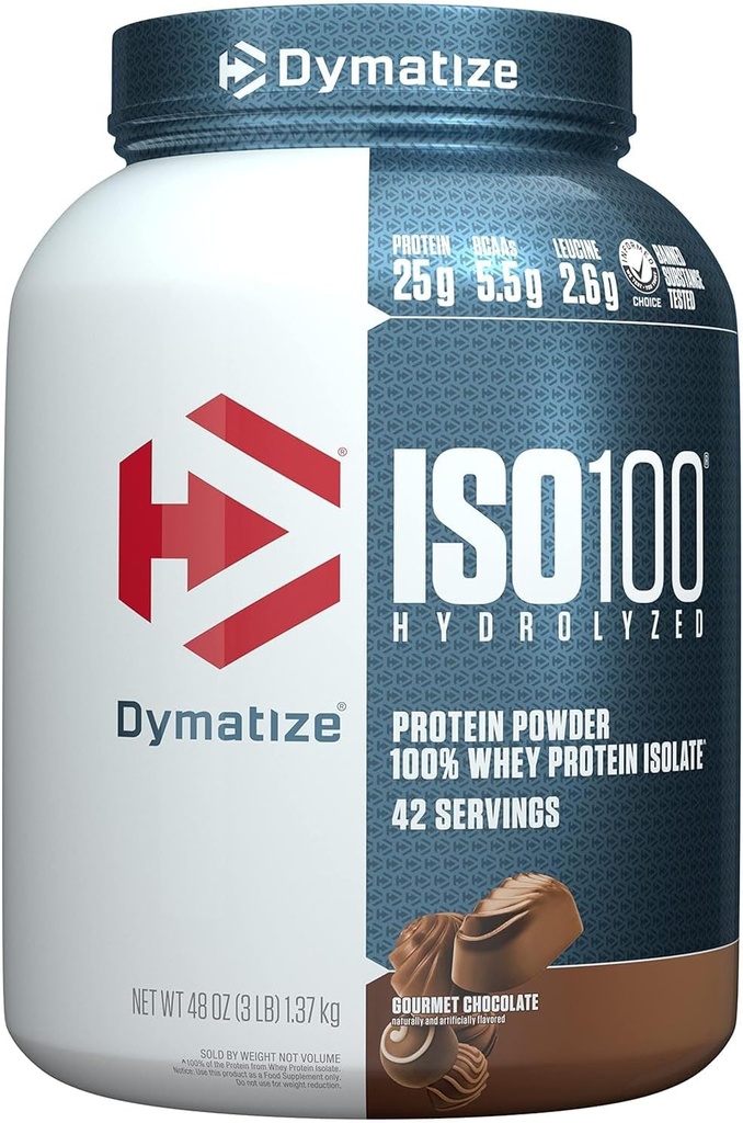 Dymatize ISO100 Hydrolyzed Protein Powder, 100% Whey Isolate Protein, 25g πρωτεΐνης, 5.5g BCAAs, Χωρίς γλουτένη, γρήγορη απορρόφηση, Easy Digesting, Gourmet σοκολάτα, 3 λίρα (42 εξυπηρετούν)