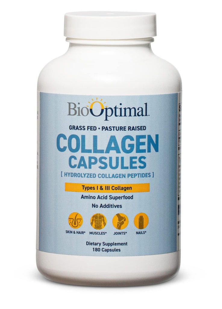 BioOptimal Collagen Peptides Κάψουλες - Grass-Fed, Pasture-Raied Hydrolyzed Protein Supplement for Skin, Hair, & Nails - Μη-GMO, Zero Sugar Daily Pills for Men & Women (180 Κάψουλες)