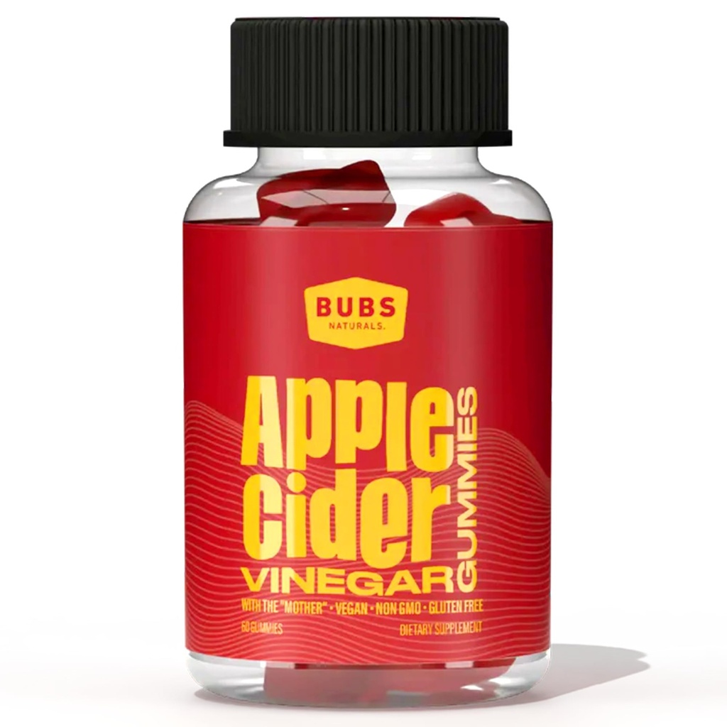 BUBS Naturals Apple Cider Vinegar Gummies with The Mother, All Natural Vegan ACV Gummy Vitamins, Supports Detox, Digestion & Energy Booster with B Vitamins, 60 Count