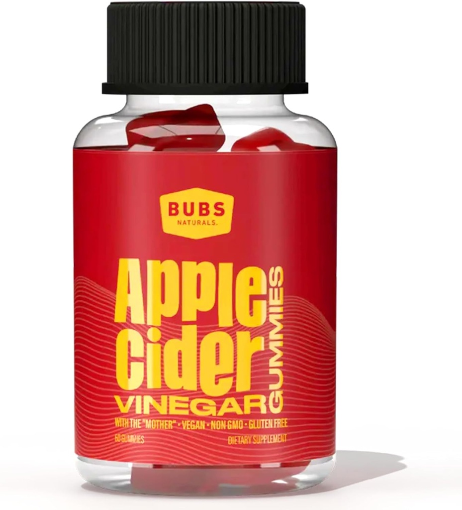 BUBS Naturals Apple Cider Vinegar Gummies with The Mother, All Natural Vegan ACV Gummy Vitamins, Supports Detox, Digestion & Energy Booster with B Vitamins, 60 Count