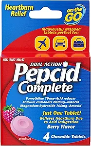 Pepcid Complete Acid Reducer + Antacid for Acid Reflux, 10mg Famotidine, 800mg Ασβέστιο Ανθρακικό & 165mg Μαγνήσιο Υδροξείδιο ανά Μάση Αντιόξινου, Ατομικές συσκευασίες, Berry Γεύση, 4 ct
