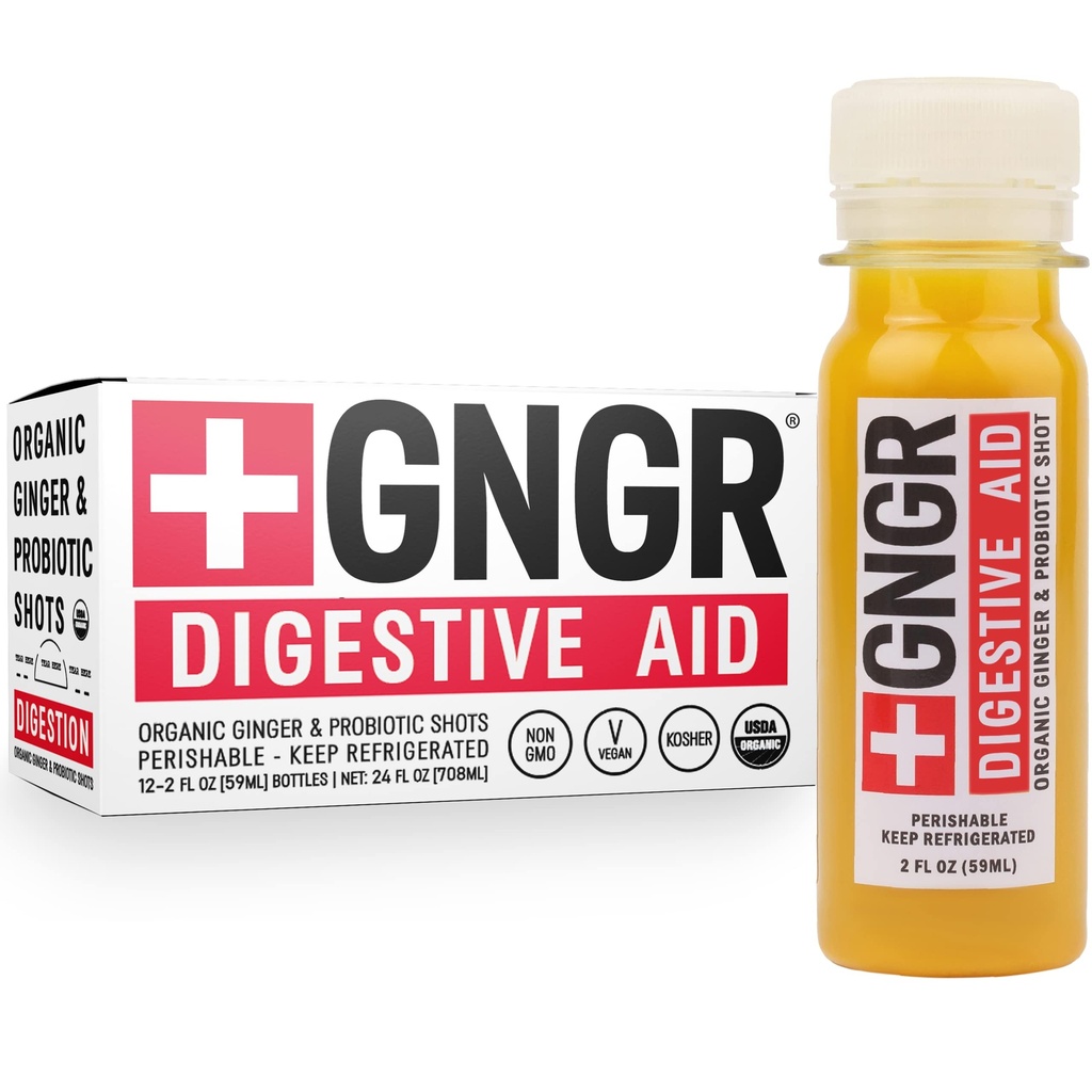 +GNGR Digestive Aid Βιολογικά Ginger Shots με προβιοτικά, Gut Health, Colon Cleanse, Bloating Relief, Gut Detox, Ανοσία Shots με Ginger Juice, Turmeric, Black Pepper. (2 Oz, πακέτο των 12)
