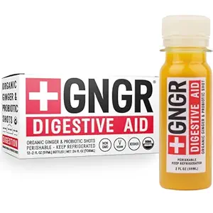 +GNGR Digestive Aid Βιολογικά Ginger Shots με προβιοτικά, Gut Health, Colon Cleanse, Bloating Relief, Gut Detox, Ανοσία Shots με Ginger Juice, Turmeric, Black Pepper. (2 Oz, πακέτο των 12)