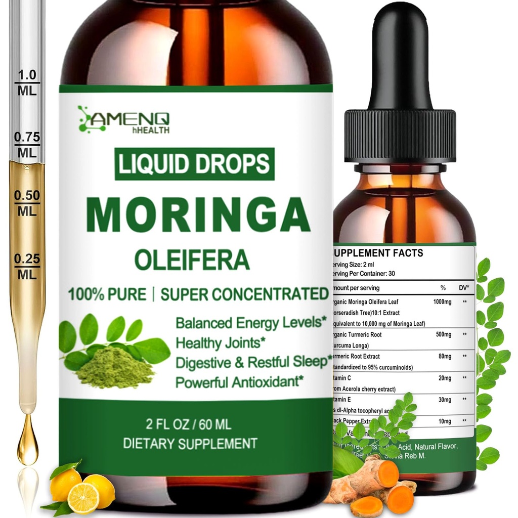 Pure Moringa Oleifera Liquid Drops, Organic Moringa Leaf Extract w. Turmeric, Black Pepper, Moringa Supplement for Energy Metabolism Immune Skin Joint & Gut, 6X Stronger Than Moringa Capsules Powder