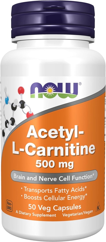 NOW Συμπληρώματα τροφίμων, Acetyl-L Καρνιτίνη 500 mg, Amino Acid, Brain and Nerve Cell Function*, 50 κάψουλες Veg