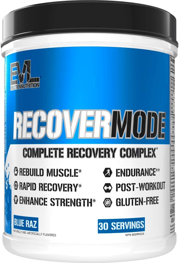 Evlution Nutrition Recover Mode - Πλήρης Post προπόνηση με BCAAs, Υποστήριξη Ανοσίας, Βιταμίνη C, D & E, Ηλεκτρολύτες, Ενυδάτωση, Creatine, Γλουταμίνη, Beta-Alanine, L-Καρνιτίνη, 30 Serv, Blue Raz