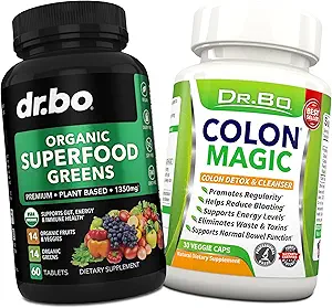 Organic Superfood Greens & Fruit Supplements - Colon Cleanse Detox Formula for Intestinal Bloating - Green Veggie Powder Blend Vegetable Foods & Constipation Relief Supplement Gut, Belly, Stomach