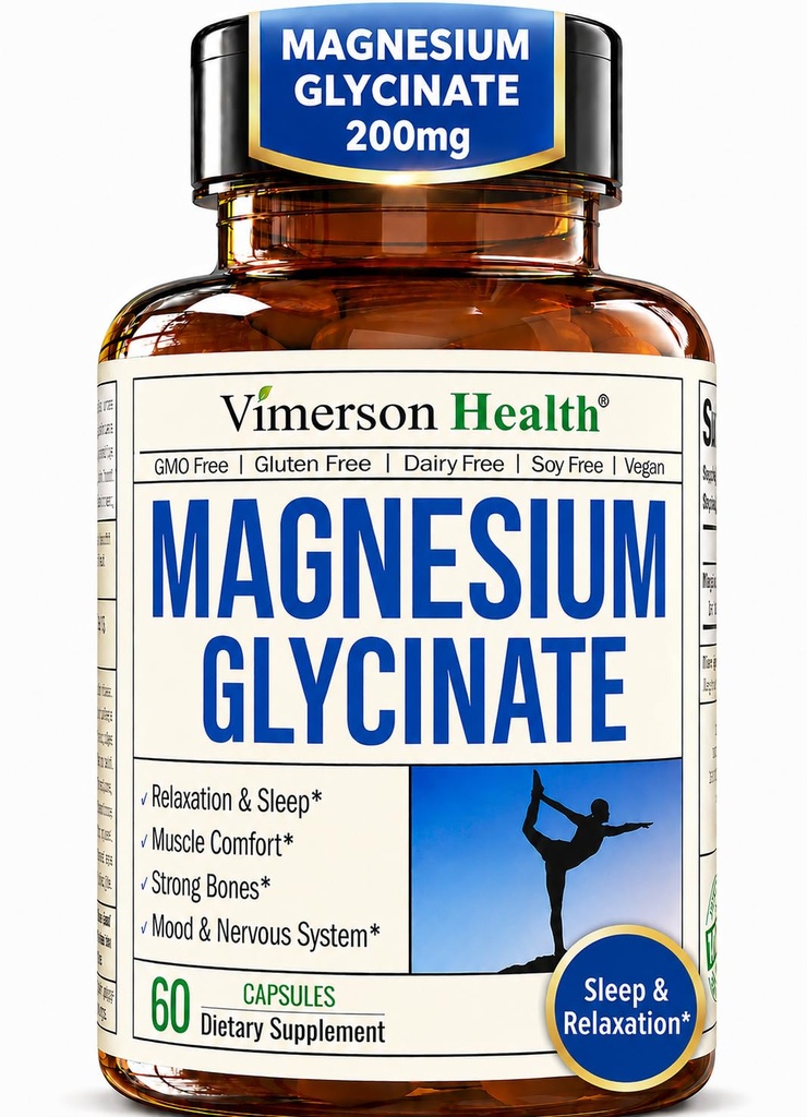 Καθαρό Γλυκινικό Μαγνήσιο 200mg (Glicinato de Magnesio) – Συμπλήρωμα χημικού μαγνησίου για τον ύπνο, την χαλάρωση, την ευεξία των μυών και των γυναικών – Καλύτερα Απορροφημένο από Κιτρικό ή Οξείδιο – 60 Κάψουλες Vegan