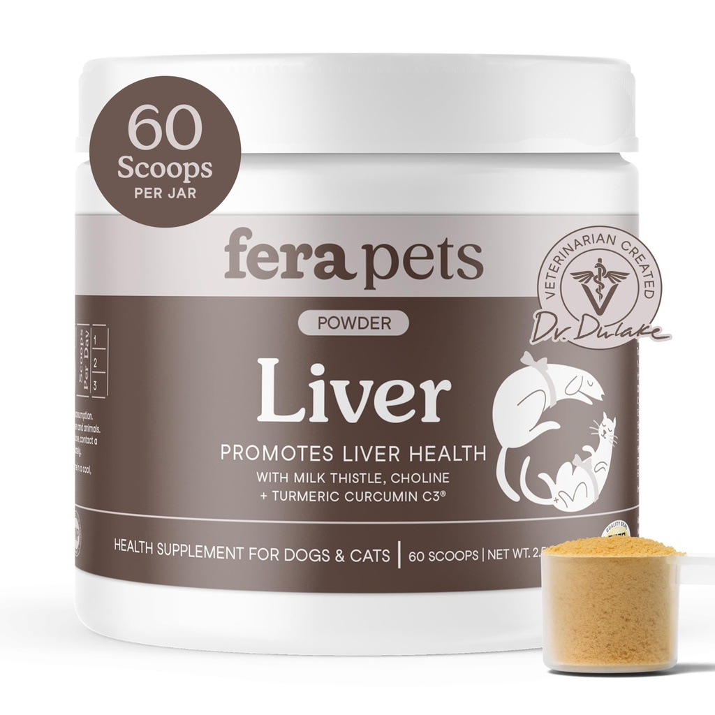 Fera Pets Liver Supplement for Dogs & Cats with Milk Thistle, Choline & Turmeric - Organic Botanicals - Enhances Liver Function, Immunity, Detoxification, & Metabolic Function - Powder - 60 Scoops