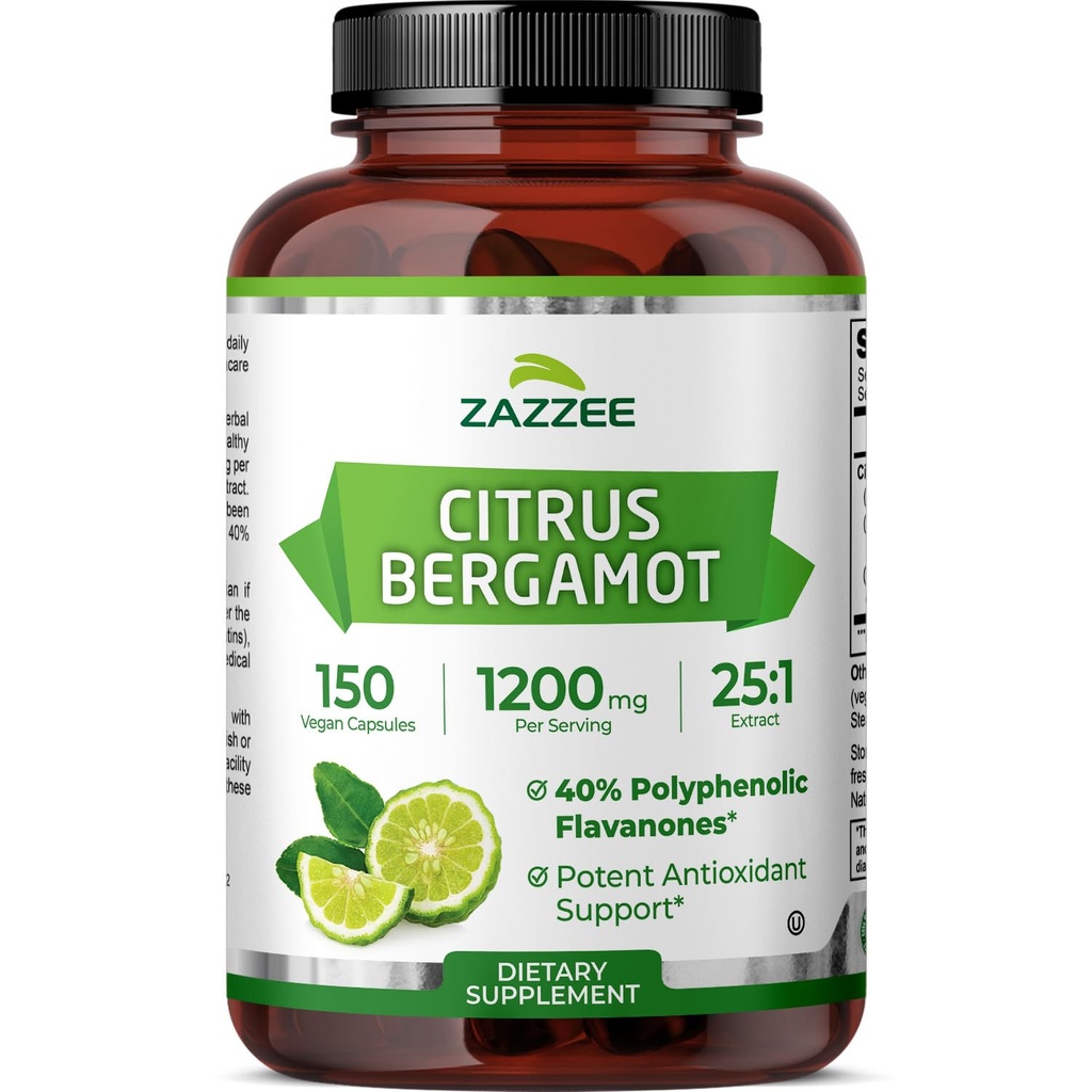 Zazzee Citrus Bergamot 25:1 Extract, 1200 mg Per Serving, 40% Polyphenolic Flavanones, 150 Vegan Capsules, 5 Month Supply, Citrus Bergamia, Antioxidant Support, Certified Kosher, Non-GMO, Made in USA