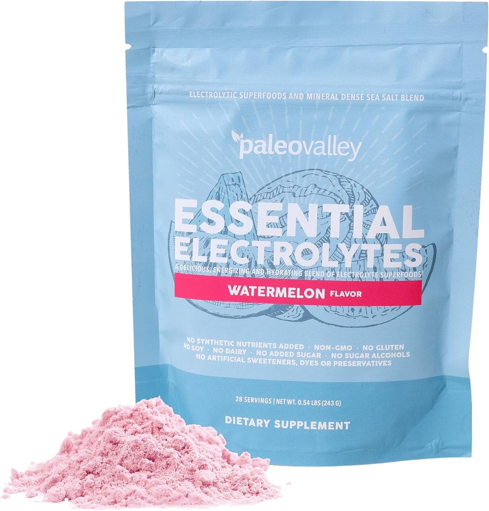 Paleovalley Essential Electrolytes Powder - Full Spectrum Watermelon Electrolyte Powder for Hydration, Energy and Mus Recovery - No Sugar Added - 28 Services
