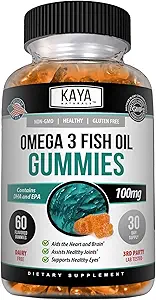 Kaya Naturals Omega 3 Fish Oil Gummies - Συμπλήρωμα ιχθυελαίου με EPA & DHA λιπαρά οξέα - Βοηθά τον εγκέφαλο υποστήριξης, το μάτι, την καρδιά υγεία & ανοσοποιητική υποστήριξη - μη GMO - 60 κόμης