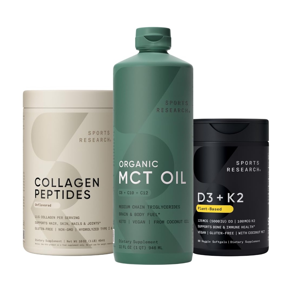 Sports Research Collagen Peptides Hydrolyzed Type 1 & 3 συμπλήρωμα πρωτεΐνης σκόνης κολλαγόνου, Keto MCT Λάδι από οργανικές καρύδες - τριπλό συστατικό C8, C10, C12 MCTs και βιταμίνη D3 K2 με λάδι καρύδας