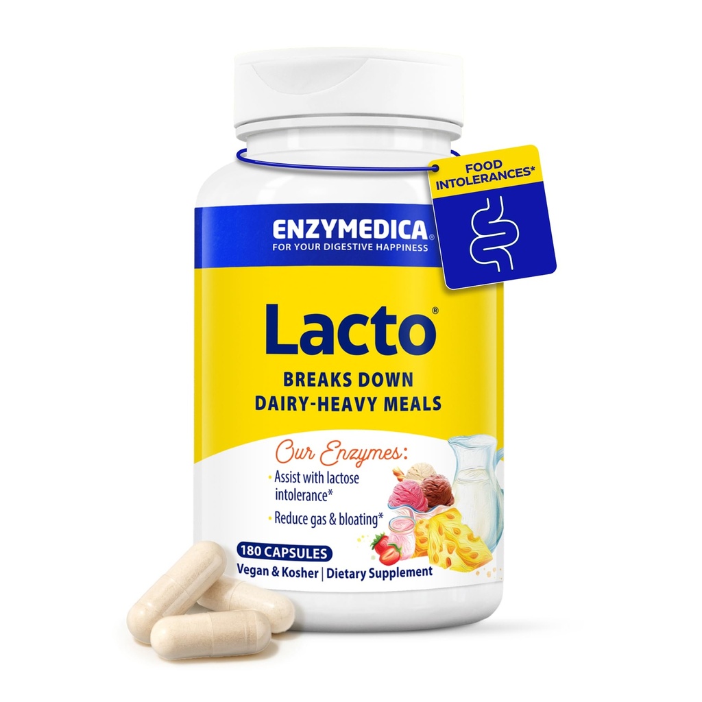 Enzymedica Lacto Digestive Enzymes for Men & Women - Lactose Intolerance Support Supplement with Lactase Enzyme, Breaks Down Dairy Heavy Meals, Helps Reduce Gas & Bloating, Gluten Free - 180 Caps