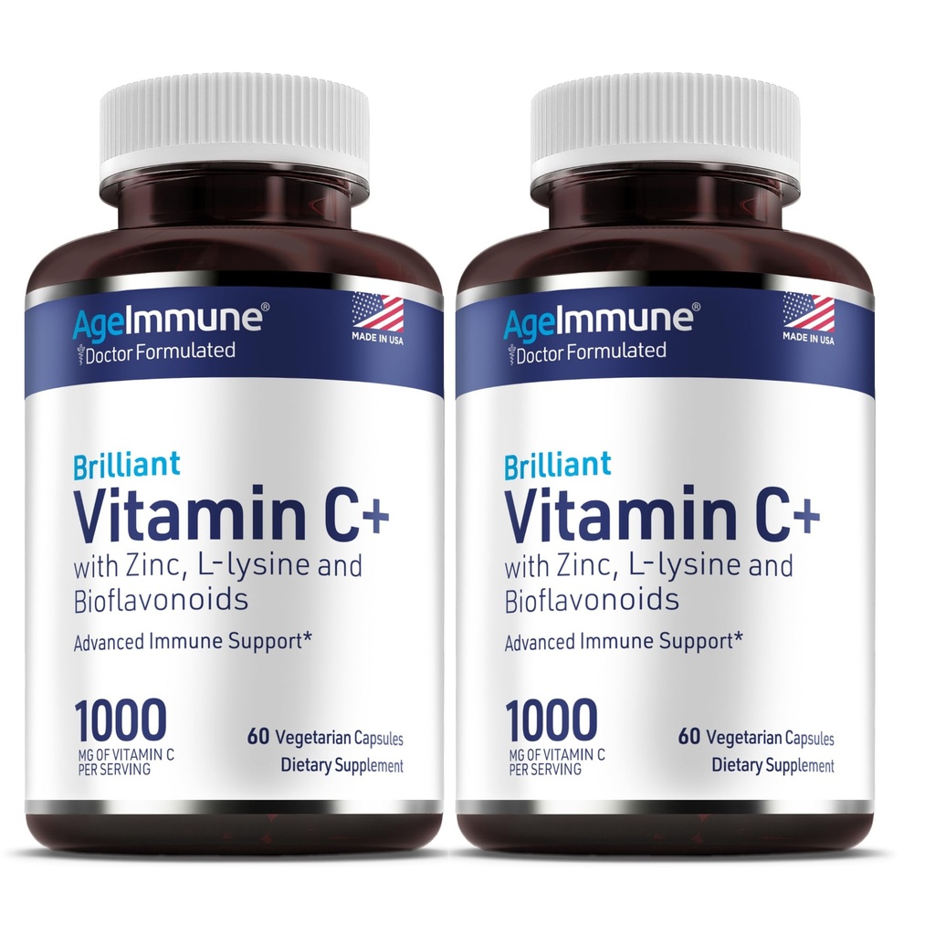 Βιταμίνη C 1000mg Σύμπλεγμα με L-Lysine 500mg, Zinc Gluconate 12mg, Bioflavonoids 300mg. Γιατρός Formulated Μαγνήσιο Στεατικό Δωρεάν Συμπληρώματα για Υγιεινή υποστήριξη ανοσοποιητικού συστήματος. Δύο φιάλες.(2)