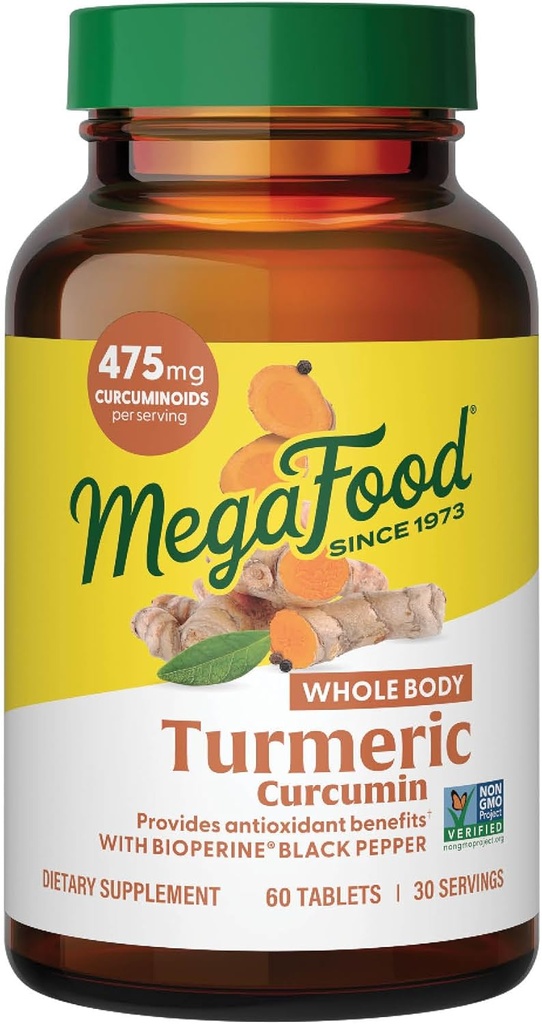 MegaFood Whole Body Turmeric Curcumin Supplement - Turmeric Supplement With Black Pepper & Vitamin C - 475 mg Curcuminoids Per Serving - Antioxidant & Immune Support - Vegan - 60 Tablets, 30 Servings