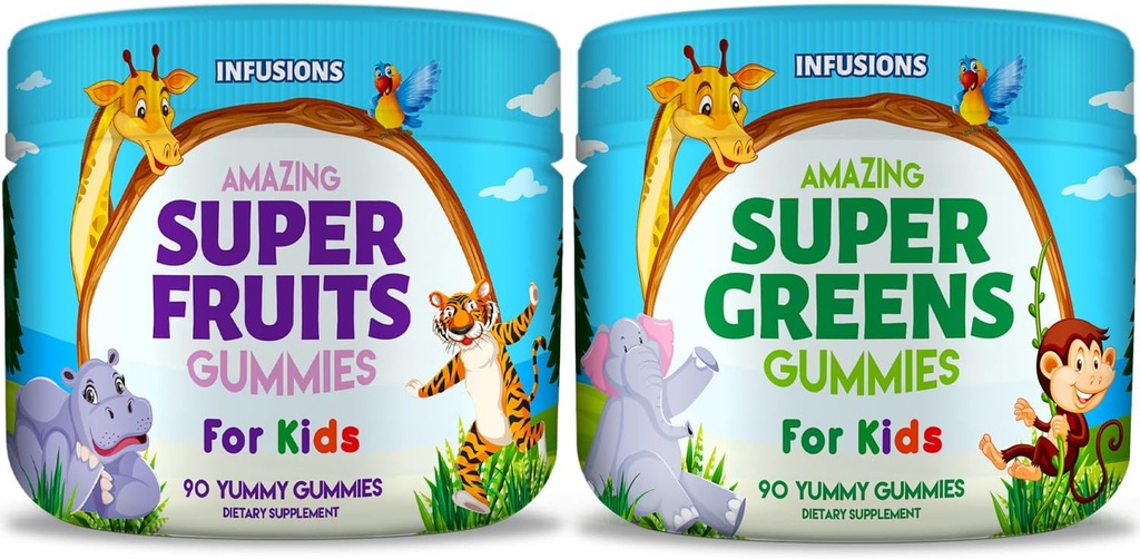Έγχυση Super Φρούτα και Super Green Gummies για παιδιά 180 Count Superfood Blend Μαλακό και νοστιμότατο Χωρίς Γλουτένη Μη ΓΤΟ