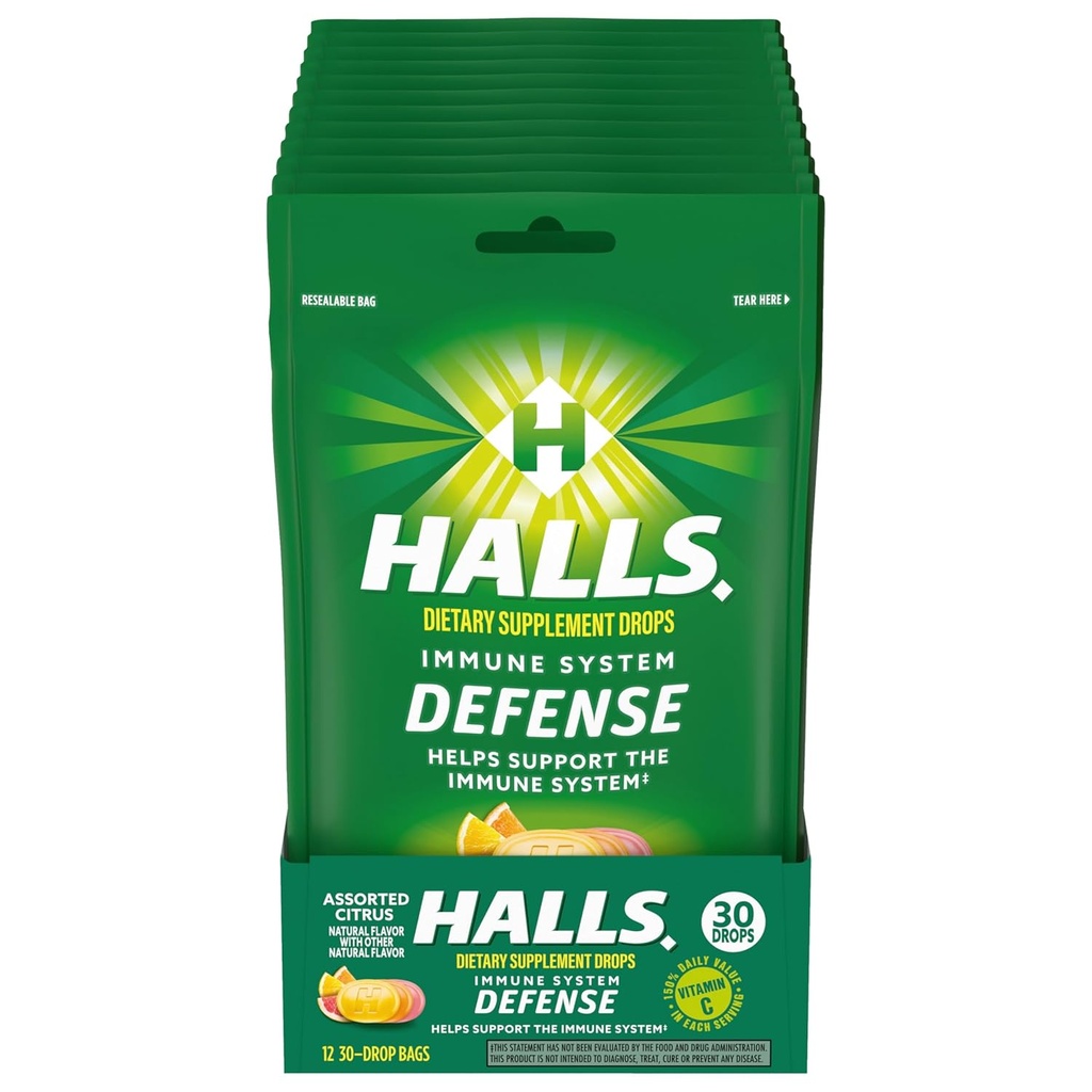 HALLS Άμυνα Ποικίλες σταγόνες Citrus Βιταμίνη C, Διαιτητικό συμπλήρωμα σταγόνες, 12 τσάντες των 30 σταγόνες (360 συνολικές σταγόνες)
