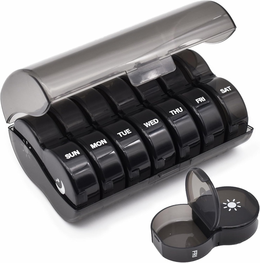 Εβδομαδιαία Διοργανώτρια Χάπια, Μεγάλη Θήκη Χάπια 7 ημερών, Καθημερινό κουτί Ιατρικής Περίπτωσης Βιταμίνης, ΔΜ/PM Δοχεία Χάπια για Συμπληρώματα Ιατρικής Ψαρέλαιο (Μαύρο)