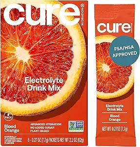 Cure Hydration | Plant-Based Electrolyte Drink Mix | No Added Sugar | Dehydration Relief Powder Made with Coconut Water | Non-GMO | Vegan | Box of 8 Packets - Blood Orange