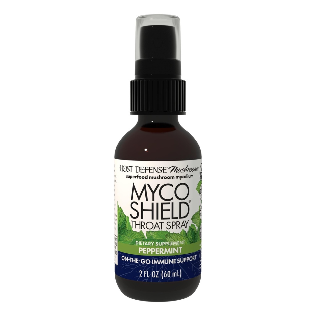 Host Defense MycoShield Throat Spray - Immune Health Support - Συμπλήρωμα μανιταριών διατροφής με Chaga, Reishi, Turkey Tail & More - On-The-Go Immune Support - Peppermint, 2 fl oz (142 Servings)*