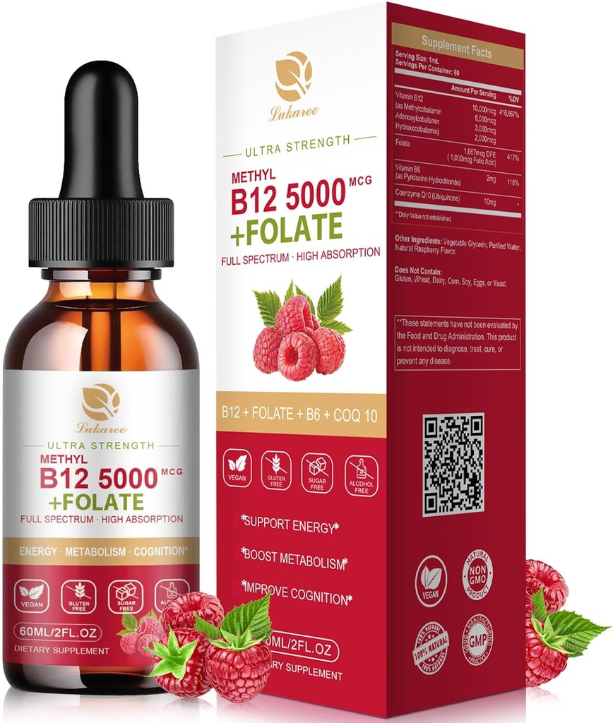 Lukaree Βιταμίνη B12 Υπογλώσσιες σταγόνες Vegan B12 Βιταμίνες Υγρό-πλήρες φασματάριο-μεθυλοκοβαλαμίνη, Αδενοσύλιο & Υδροξείδιο B12, για την Ενέργεια, Εστίαση, Mood & Ανοσολογική Υποστήριξη - 2 Μήνες προσφοράς, 2 fl oz