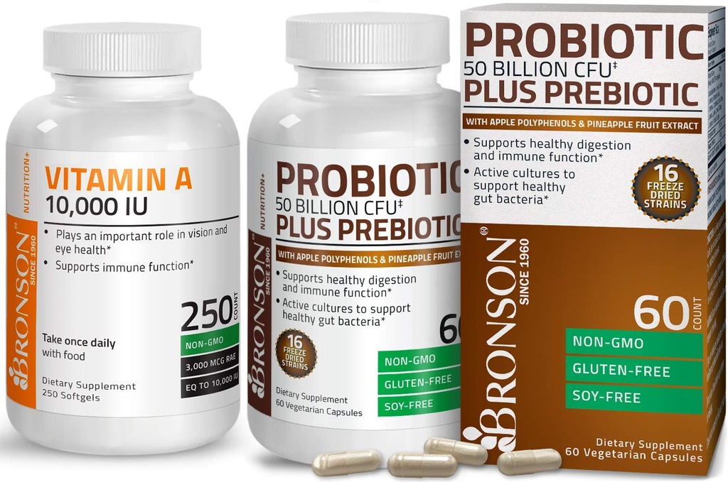 Bronson Probiotic 50 Δισεκατομμύρια CFU + Prebiotic με Apple Polyphenols & Pineapple Fruit Extract + Vitamin A 10.000 IU Premium Μη ΓΤΟ Formula