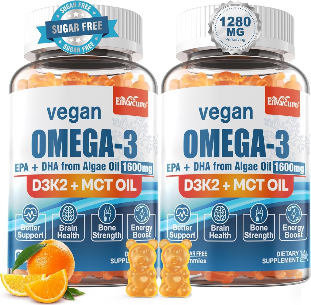 Vegan Omega 3 Gummies 1280mg + Βιταμίνη D3 K2 (MK7), Ωμέγα 3 Fish Oil Εναλλακτική για ενήλικες, w/Algae EPA 600mg & DHA 400mg, MCT Oil - Δεν Fish Taste - για τον εγκέφαλο, το μάτι, την ανοσοποιητική υγεία, τη ζάχαρη δωρεάν, 2 Συσκευασία
